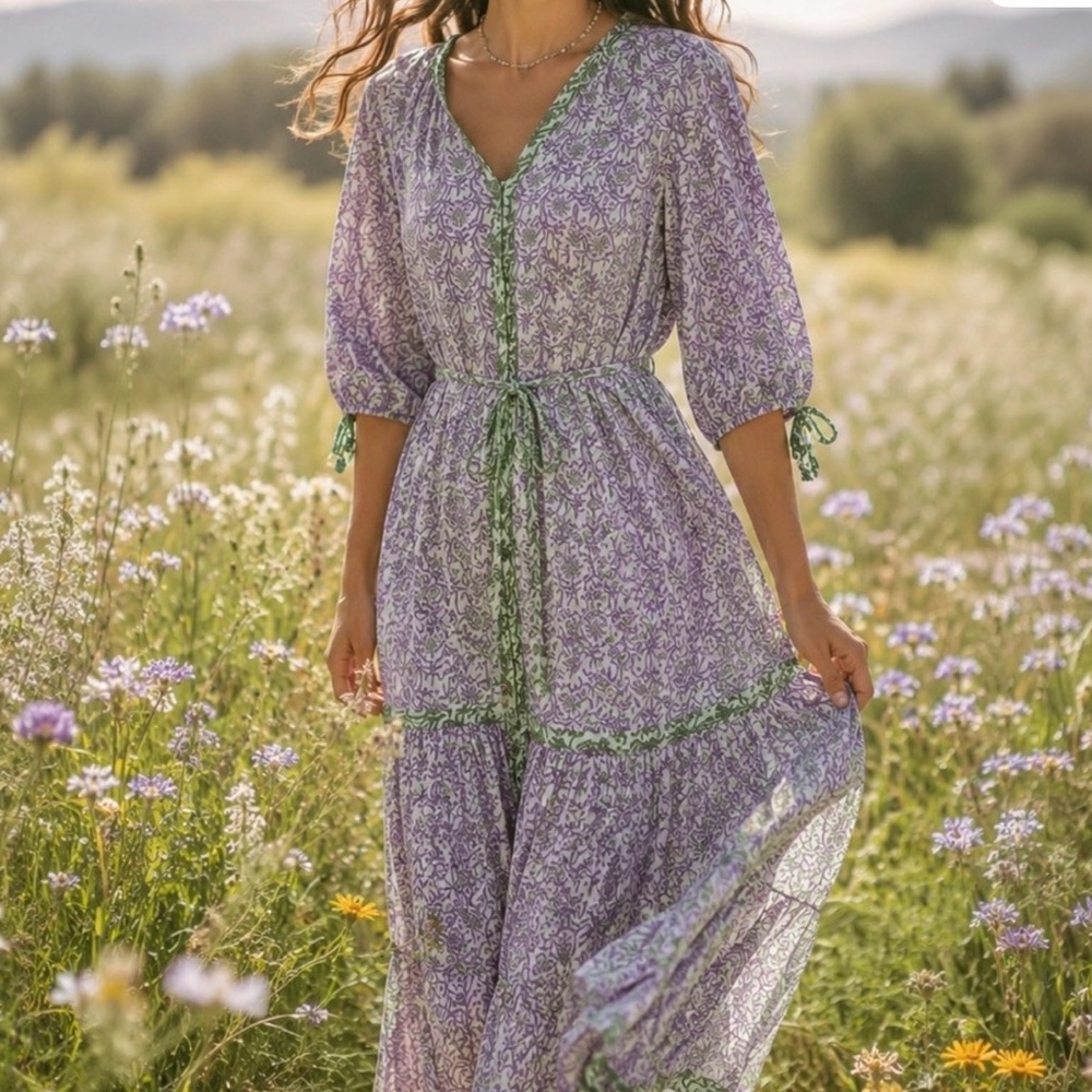 Lavender Floral Maxi Dress with Green Trim